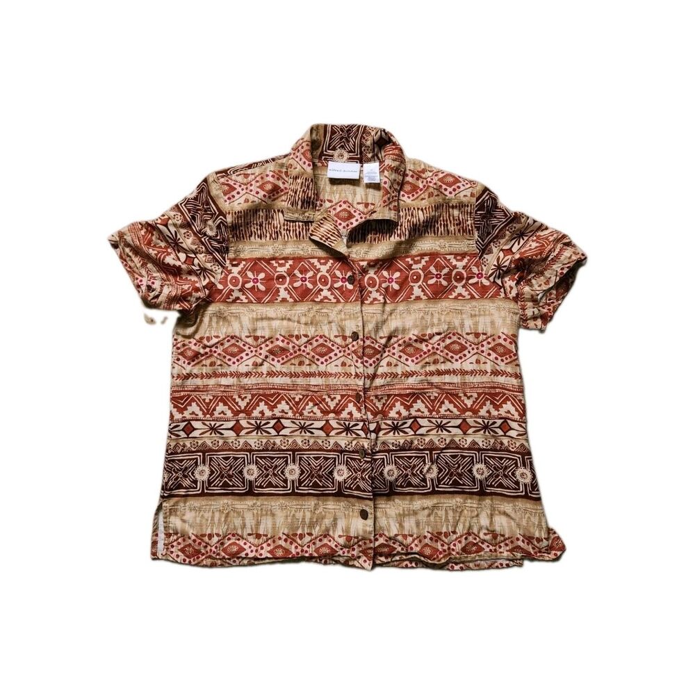 VTG Alfred Dunner Hawaiian Tropical Button Up Shirt Brown Red Womens Sz 12 GUC